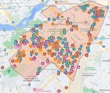 "Une carte de la ville de Montréal avec une délimitation orange et des pastilles apposées un peu partout sur la carte. "