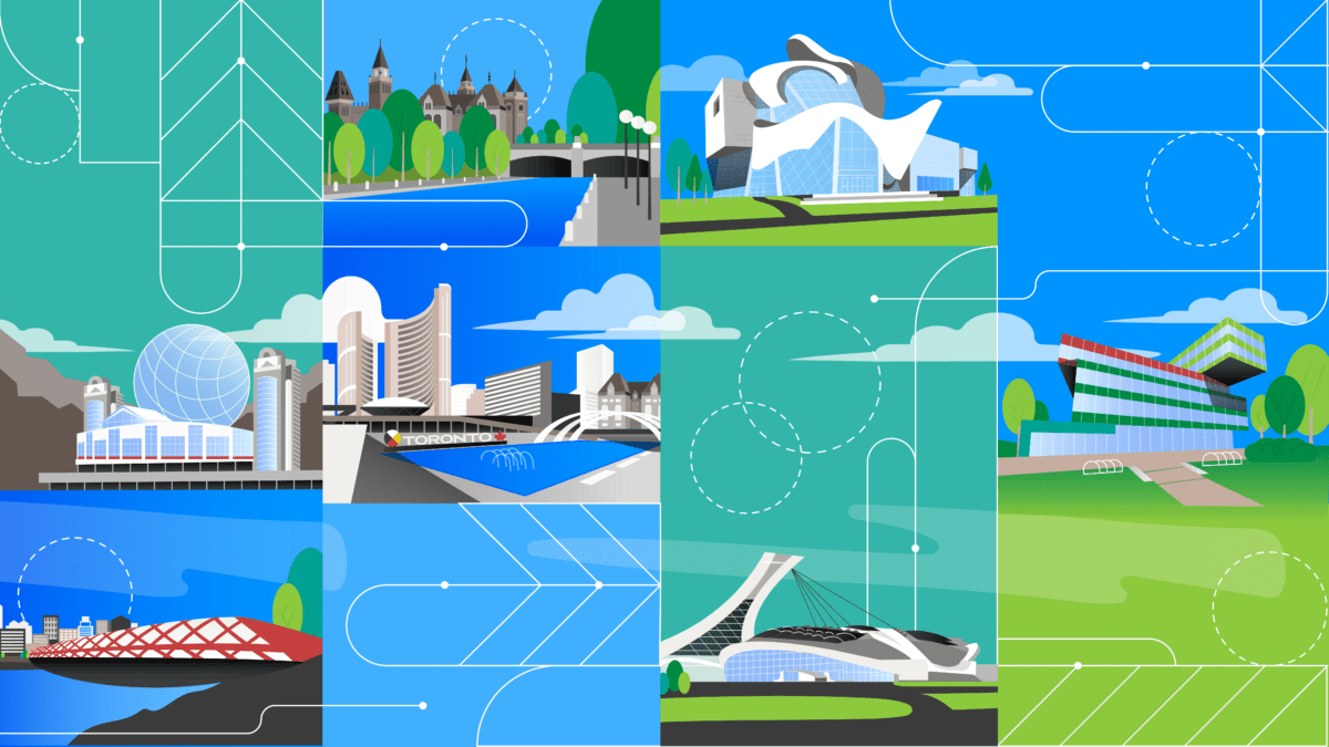 Collage abstrait de paysages urbains présentant une architecture moderne et des ponts sur fond de ciel bleu et de verdure luxuriante, avec des motifs géométriques et des lignes qui s'entrelacent dans la scène. Cette illustration imaginative de LC3 capture l'essence dynamique de la vie urbaine dans un style artistique unique.