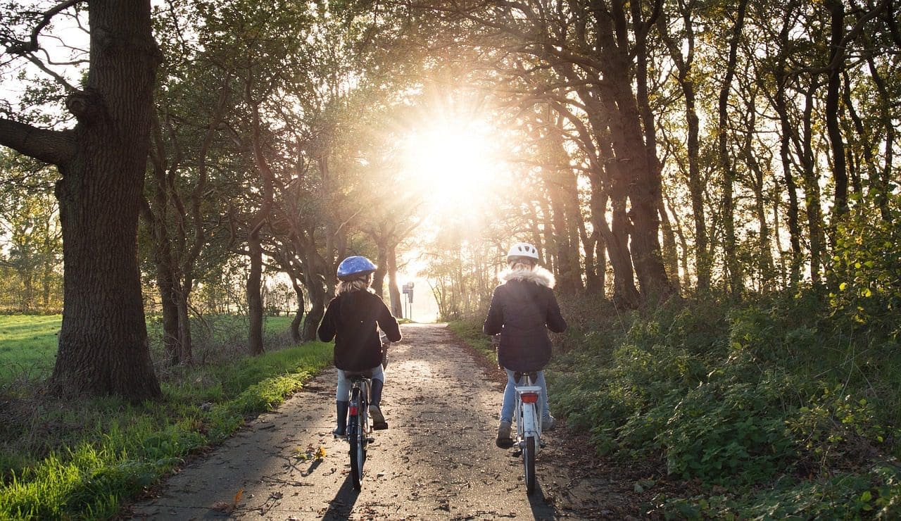"Deux personnes portant des casques roulent à vélo sur un chemin bordé d'arbres. La lumière du soleil filtre à travers les arbres