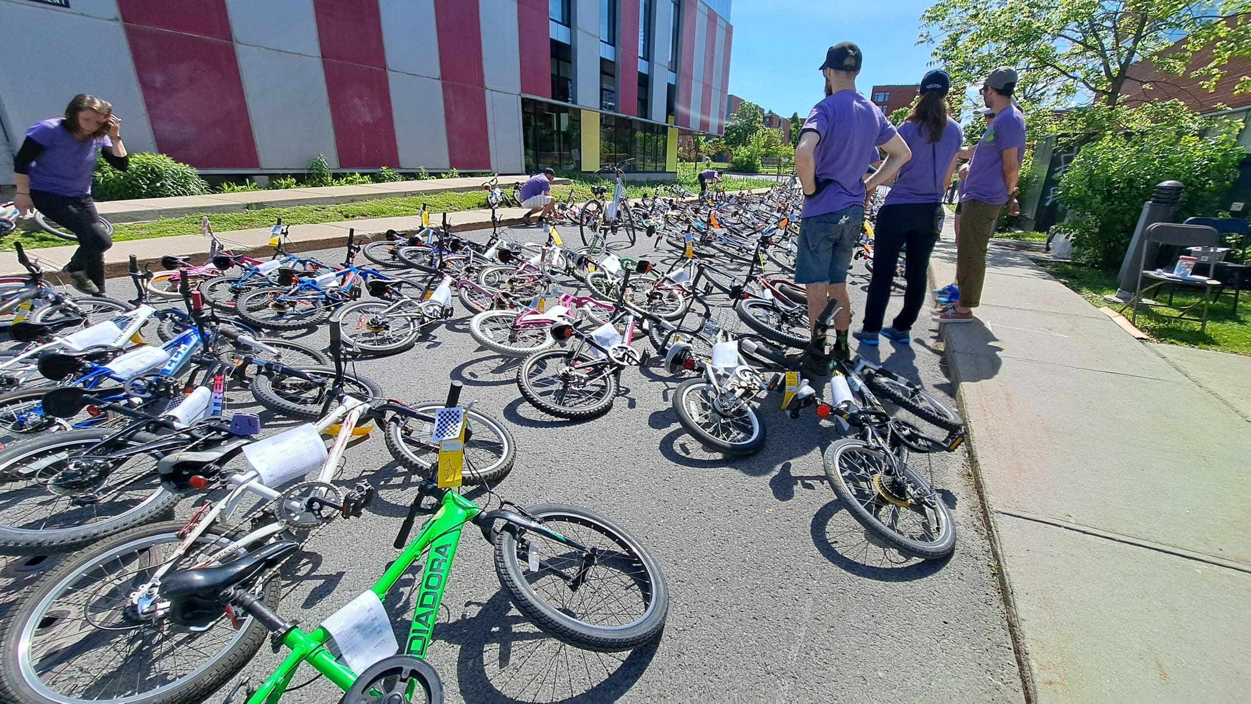 "Un groupe de personnes se tient près d'une grande collection de vélos éparpillés sur le sol à l'extérieur d'un bâtiment aux panneaux rouges et blancs