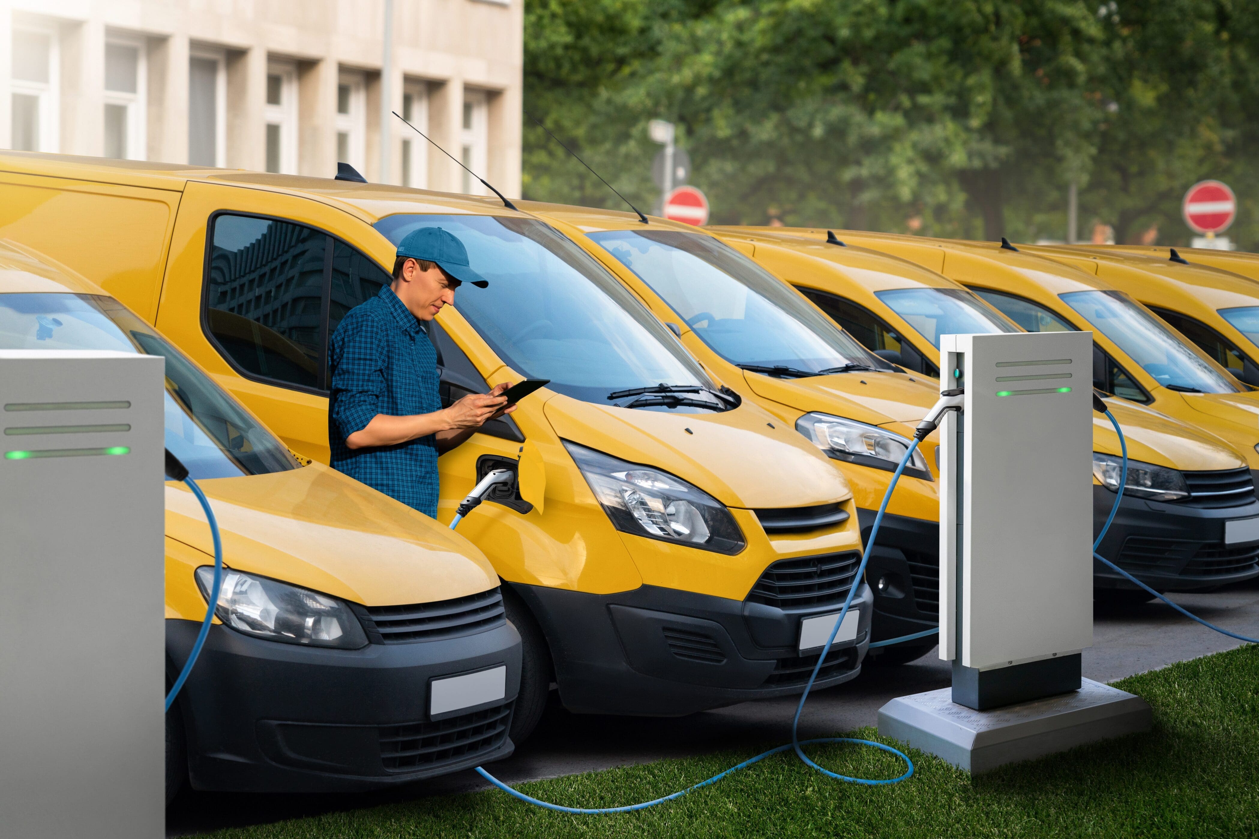 Un homme muni d'une tablette numérique se tient à côté de camionnettes de livraison électriques jaunes à des stations de recharge de véhicules électriques.