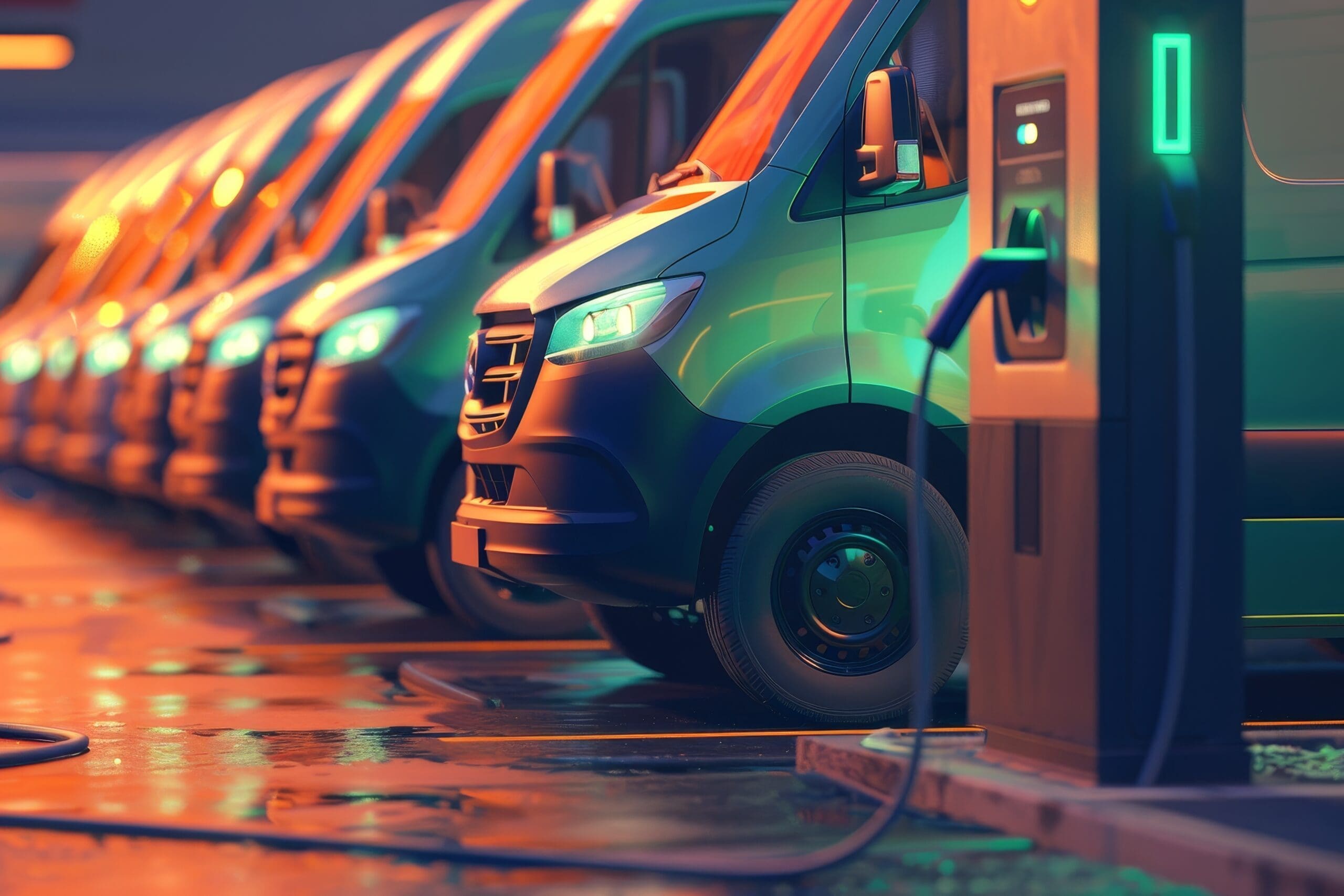 Green transportation concept shown with electric vehicle charging station and row of vans in the background