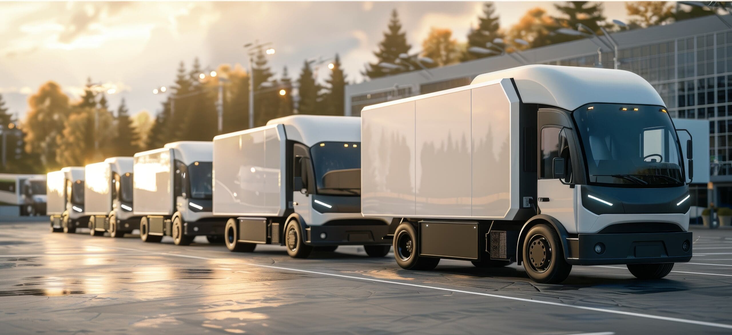 A row of electric trucks are parked in a parking lot.