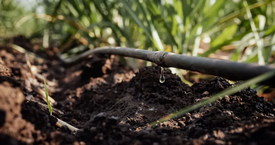 Gros plan d'un système d'irrigation moderne arrosant le sol d'un champ. Un tuyau noir court sur le sol, libérant une goutte d'eau scintillante. Des plantes vertes poussent à l'arrière-plan, la lumière du soleil illuminant le sol riche.