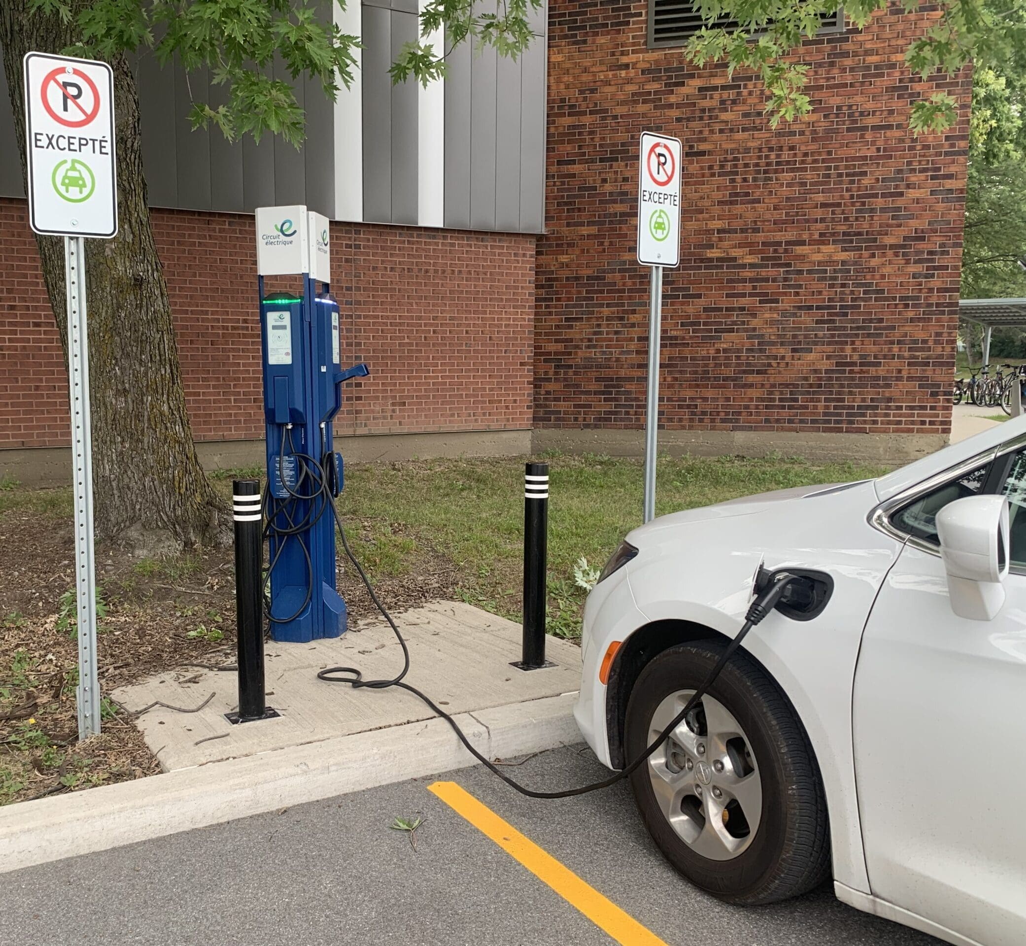 Un véhicule électrique est garé et se recharge à une station de recharge publique pour VE. La station est signalée par des panneaux bilingues et se trouve à proximité d'un bâtiment en briques rouges et d'un arbre.