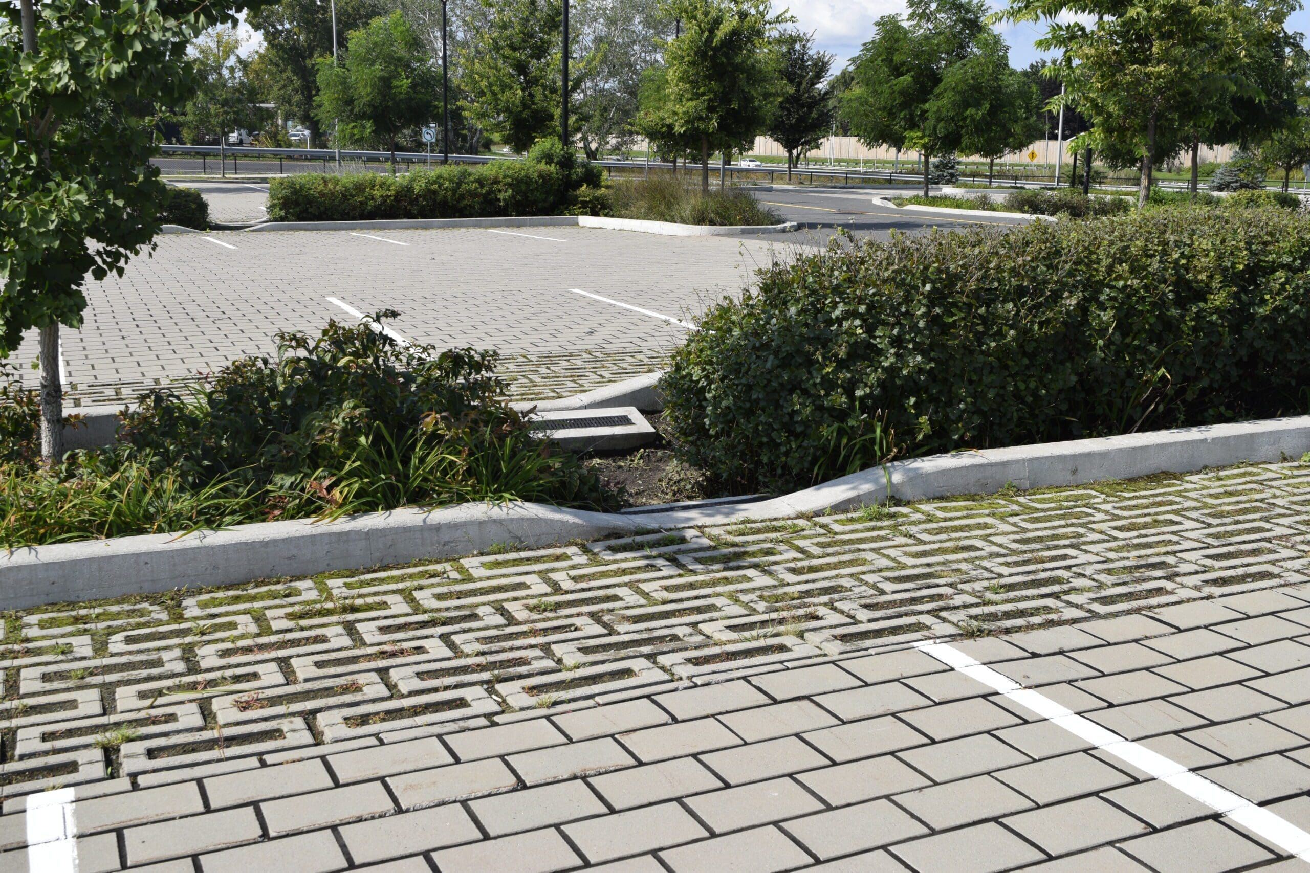 Un parking presque vide avec un motif distinctif de dalles de pierre imbriquées les unes dans les autres. Des arbustes verts bordent le terrain et quelques arbres sont visibles à l'arrière-plan sous un ciel bleu clair.