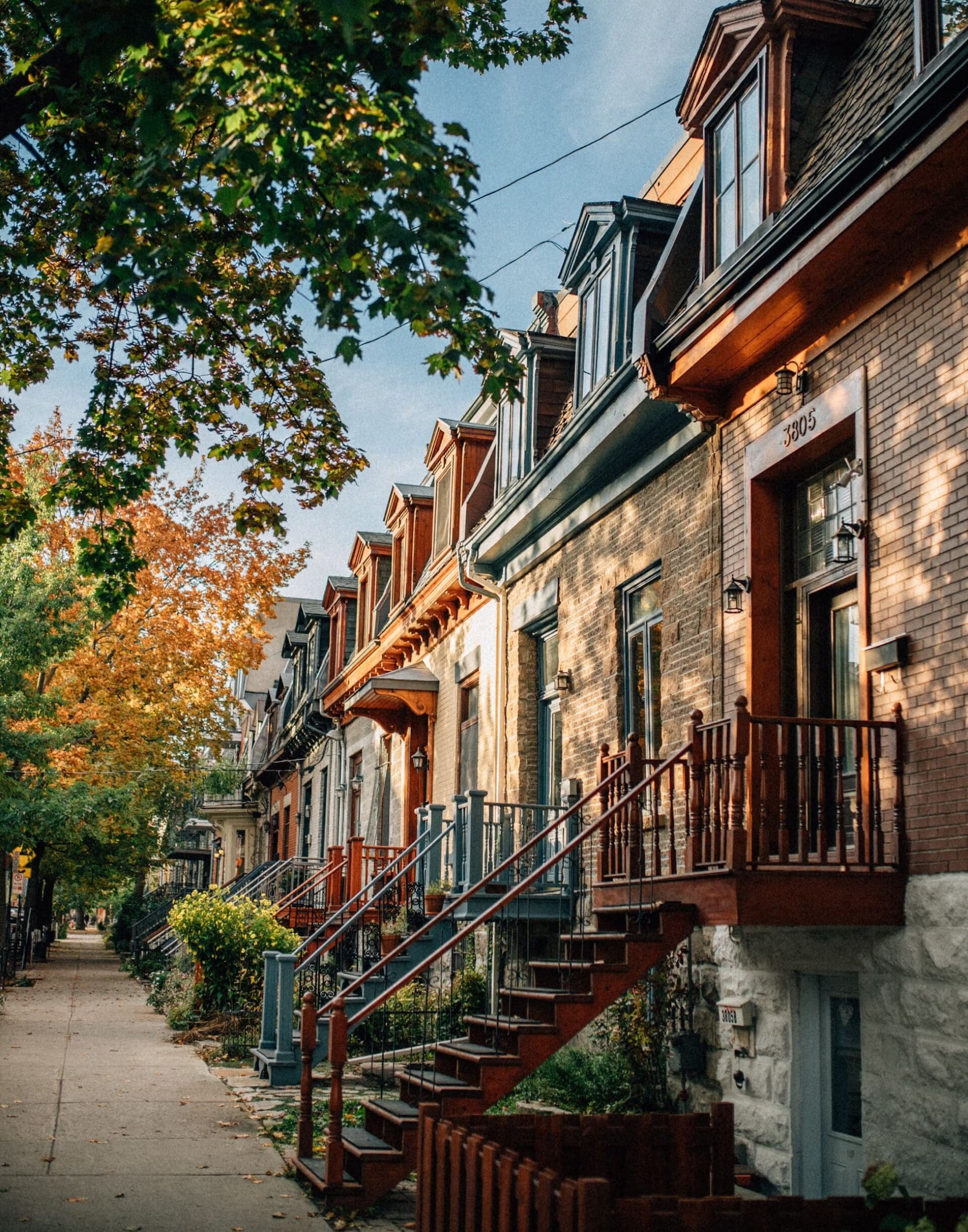 Une rangée de charmantes maisons de ville en brique de style ancien, aux toits pentus et aux lucarnes, borde une rue ombragée par des arbres. Les arbres arborent des couleurs d'automne et le ciel est clair, ajoutant une ambiance chaleureuse à la scène résidentielle.